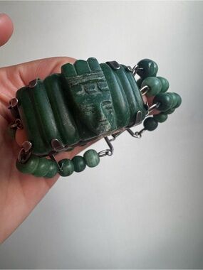 Antique Mexican 925 Sterling Silver Jade Beaded Bracelet Green with Carved Face